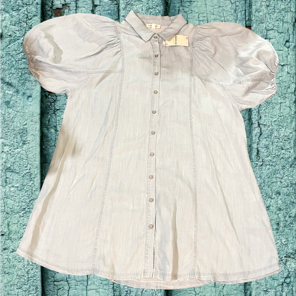 ee:some chambray shirt dress size LG short sleeve button down tunic blue Tencel